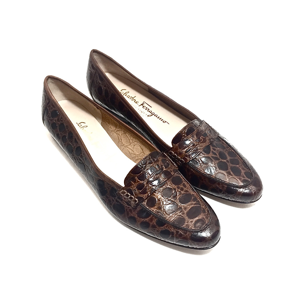 Salvatore Ferragamo Brown Croc Leather Loafer 8.5